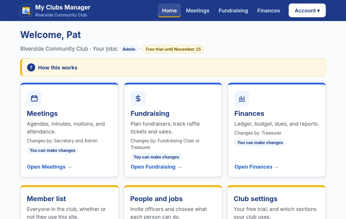 The club home page in My Clubs Manager, with Meetings, Fundraising and Finances cards and the trial date