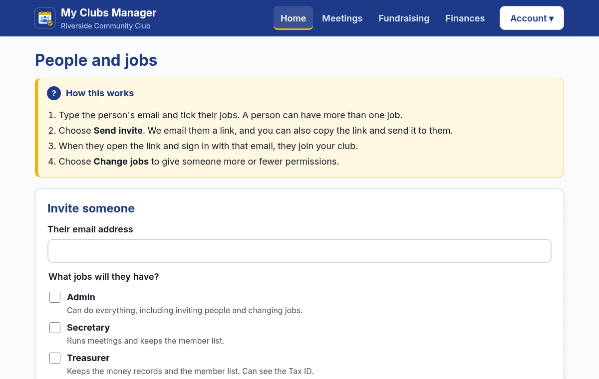 The People and jobs page, where an Admin invites someone and ticks their jobs