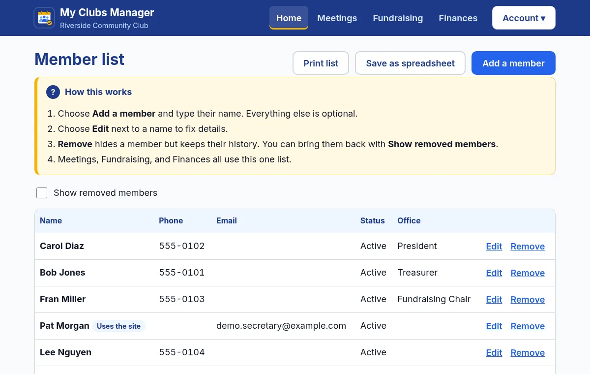 The club member list with names, phone numbers, offices and status