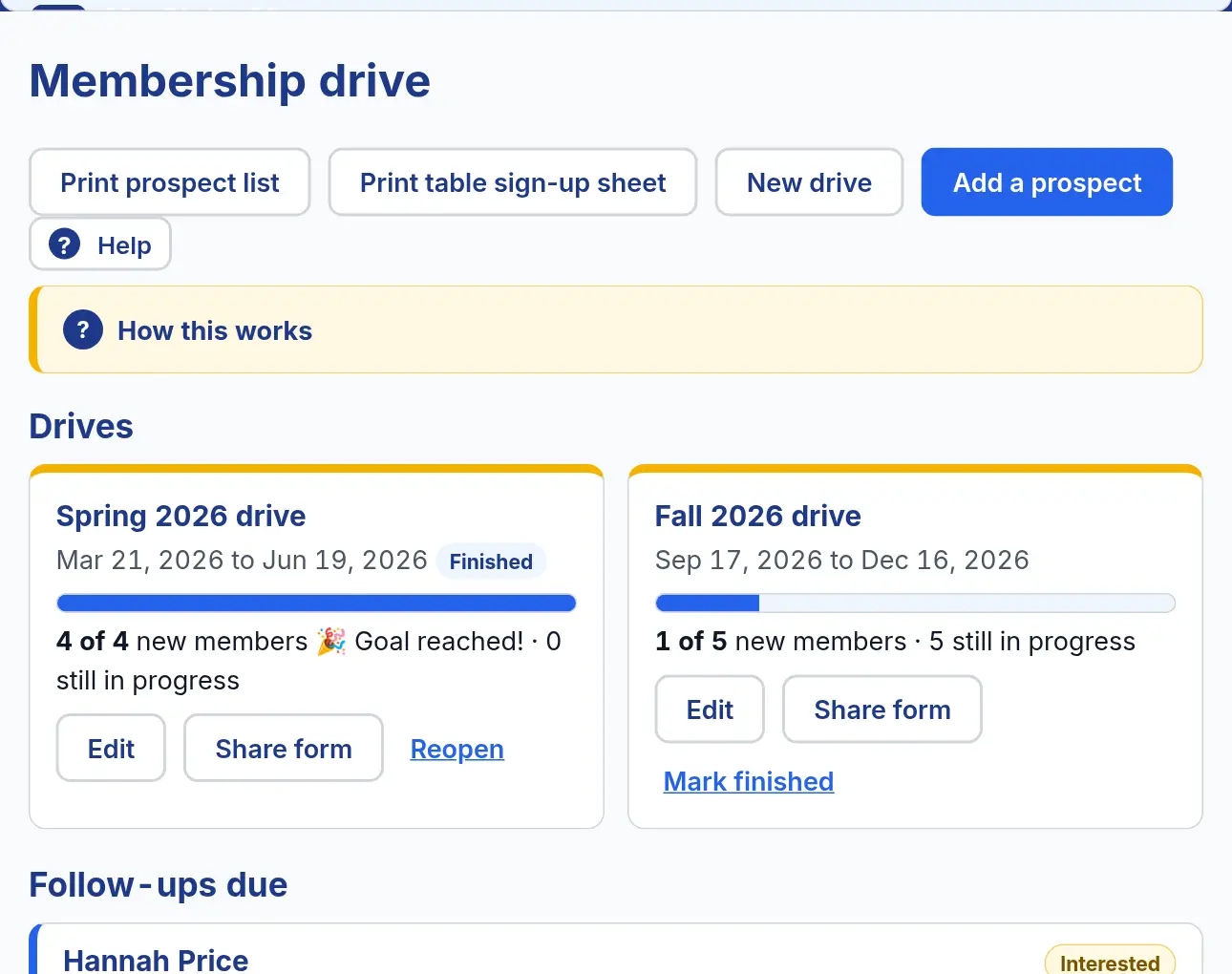 The Membership drive page with a drive goal bar, buttons to print a prospect list or a table sign-up sheet, and prospect cards with their step and follow-up date.
