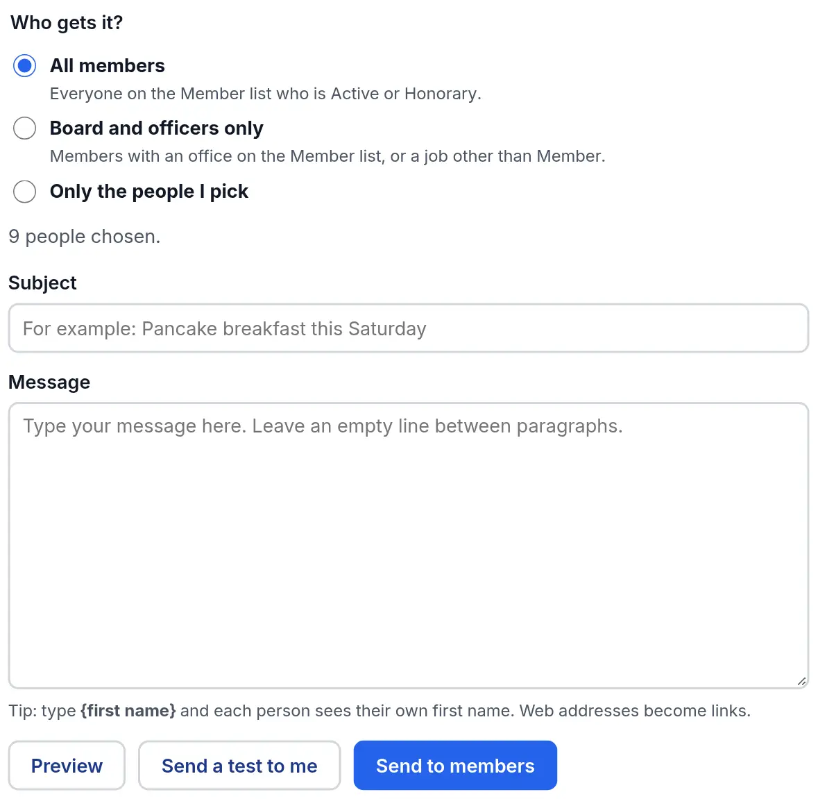 The Write your email form, with Who gets it set to All members, a Subject box, a Message box, and the buttons Preview, Send a test to me and Send to members.