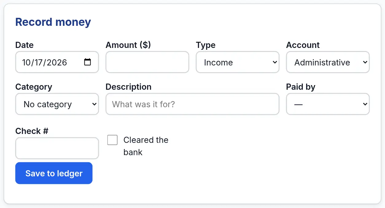 The Record money form on the Ledger tab, with boxes for date, amount, type and account.