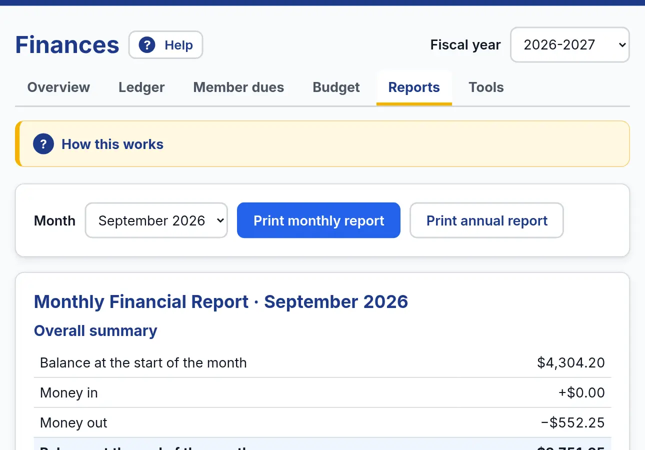The Reports tab showing a Monthly Financial Report with balances, money in and money out for September 2026.