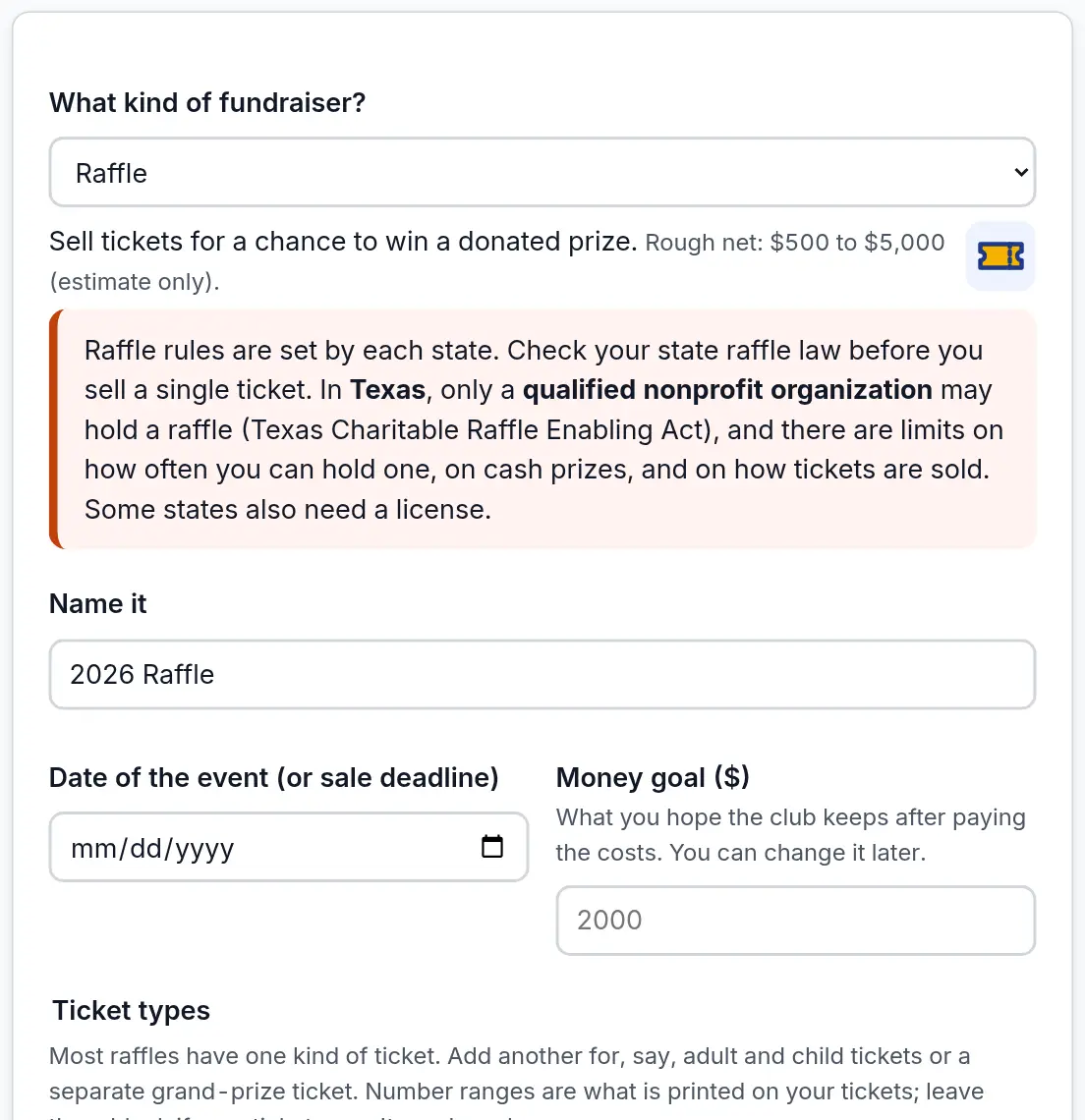 The New fundraiser form with Raffle picked, a short description of raffles, and boxes for the name, the date, the money goal and the ticket price.