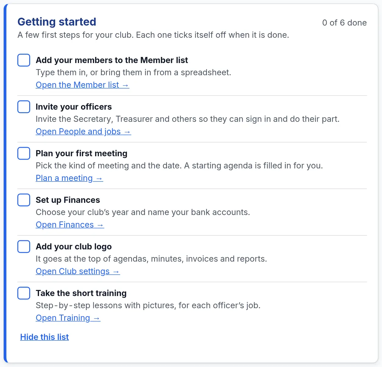 The Getting started list on a new club’s home page, with steps such as Add your members to the Member list, Invite your officers and Plan your first meeting, each with a link.