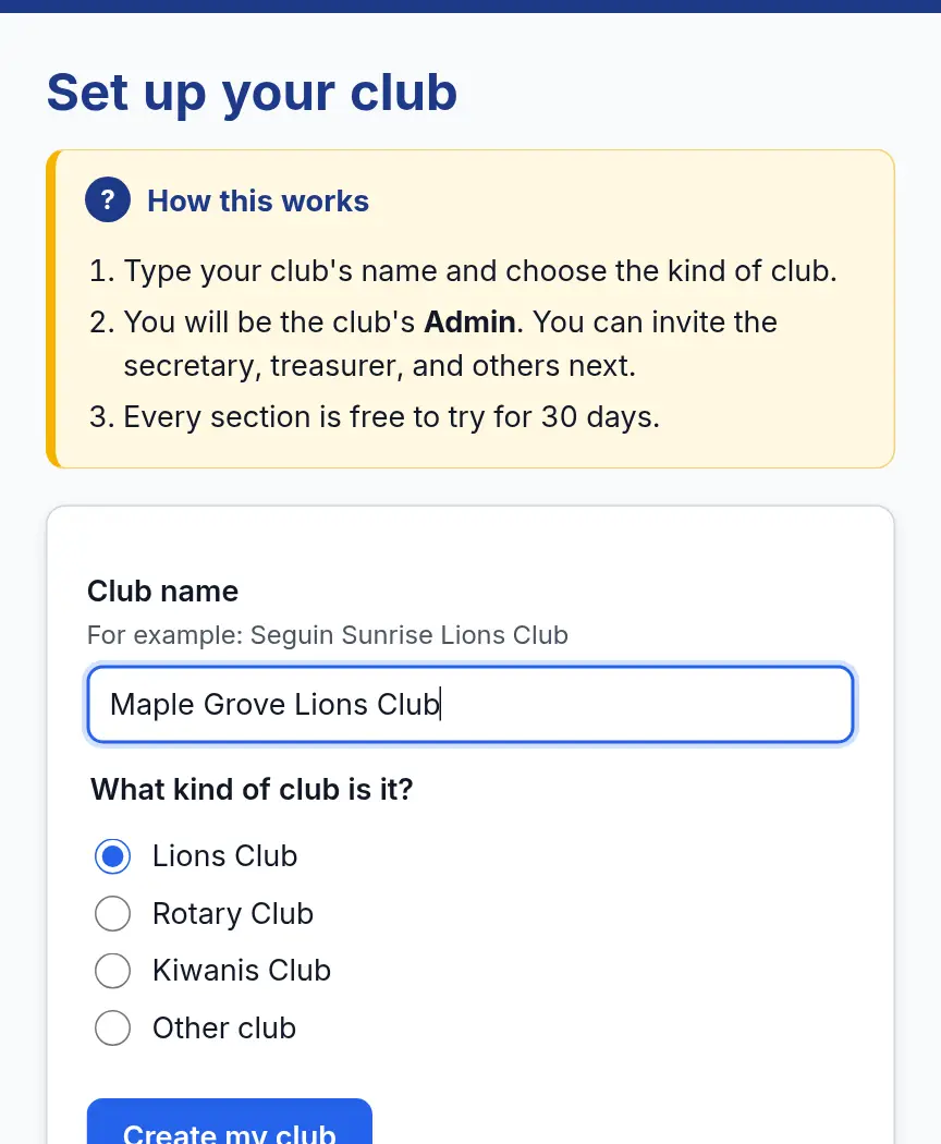 The Set up your club page, with the club name Maple Grove Lions Club typed in and Lions Club chosen as the kind of club.