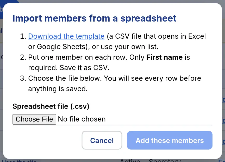 The Import members from a spreadsheet box, with a link to download the template and a button to choose a CSV file.