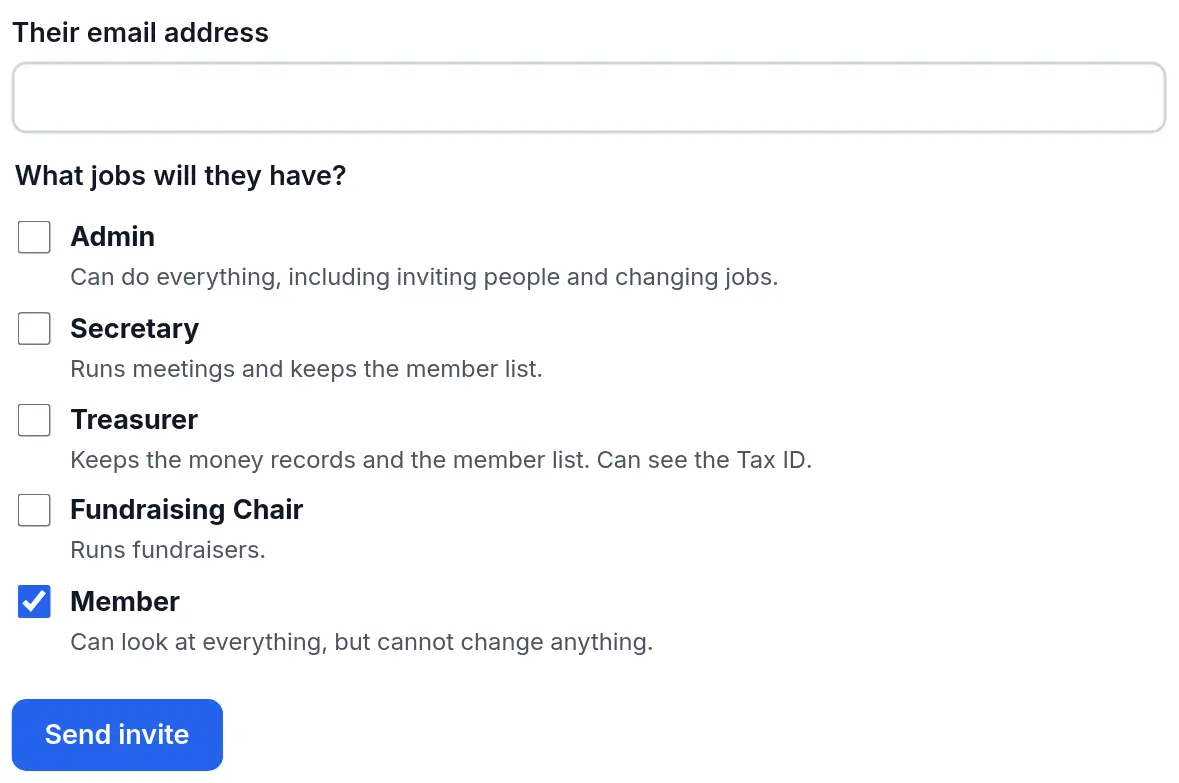 The Invite someone form on People and jobs, with a box for the email address and tick boxes for Admin, Secretary, Treasurer, Fundraising Chair and Member, each with a short description.