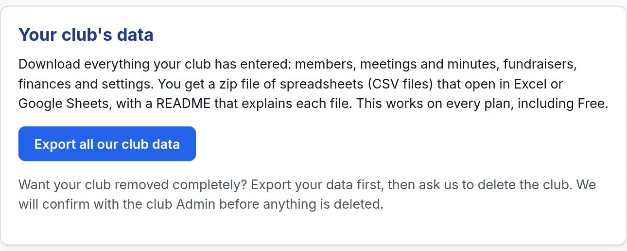 The Your club’s data box in Club settings, with the Export all our club data button.