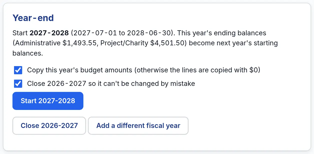 The Year-end box on the Finances Tools tab, with the option to close the old year and the Start next year button.