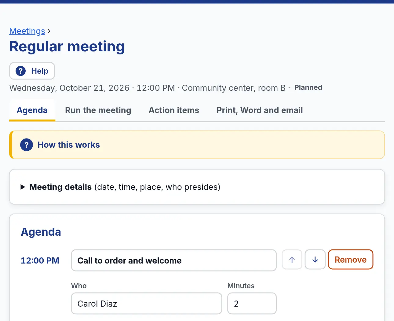 The Agenda tab for a regular meeting, with the meeting details and the list of agenda items with times.
