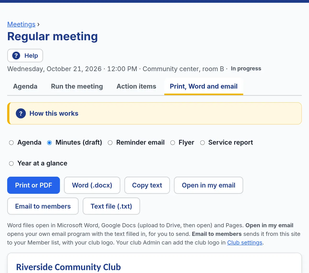 The Print, Word and email tab with Minutes (draft) picked, and buttons for Print or PDF, Word, Copy text, Open in my email, Email to members and Text file.