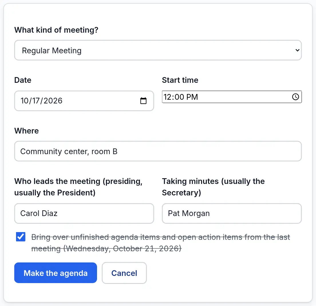 The Plan a meeting form with the kind of meeting, date, start time, where, who leads the meeting and who takes minutes.