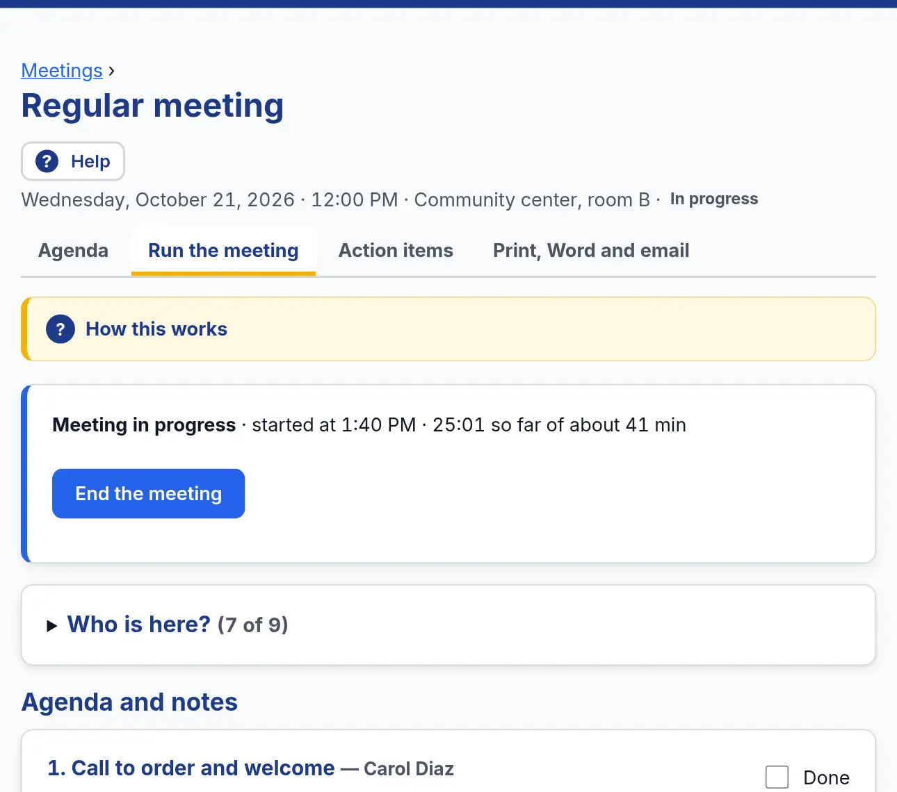 The Run the meeting page during a meeting, showing that the meeting is in progress, the attendance list with names ticked, and a note typed under an agenda item.