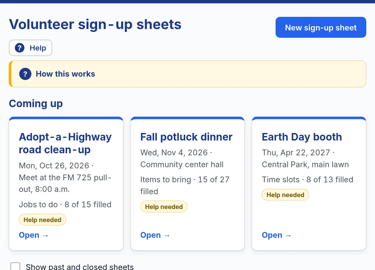 The Volunteer sign-up sheets page, with a New sign-up sheet button and cards for coming-up events showing how many spots are filled.