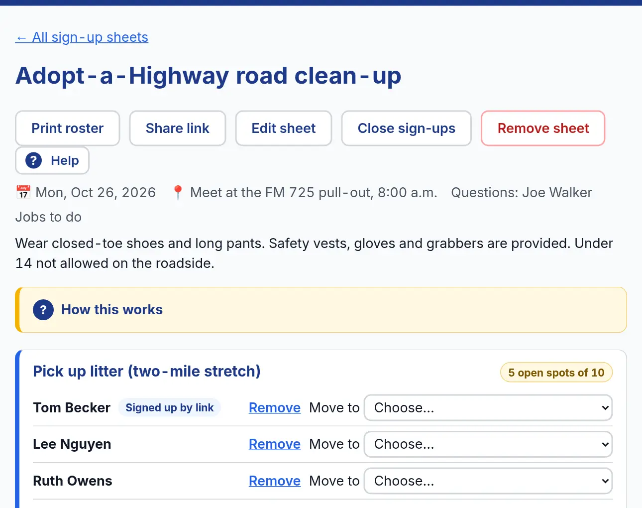 One sign-up sheet, Adopt-a-Highway road clean-up, with buttons Print roster, Share link, Edit sheet and Close sign-ups, and the list of spots with names.